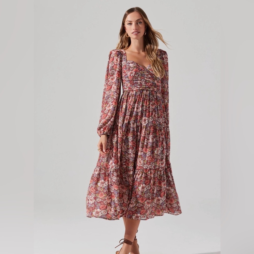Astr Floral Puff-Sleeve Midi Dress in Rust Multi